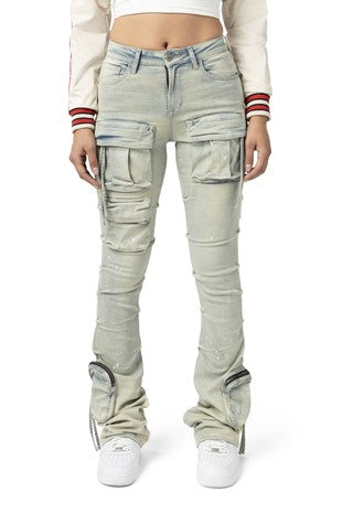 Utility Pocket Skinny Flare Stacked Denim Pants