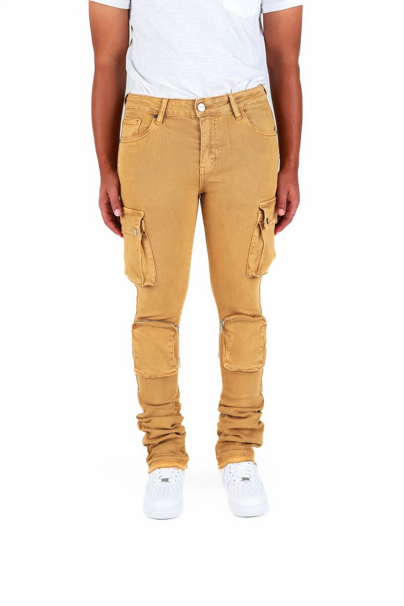 "NEVER LOOK BACK" Dark KHAKICARGO Flare Stack Denim