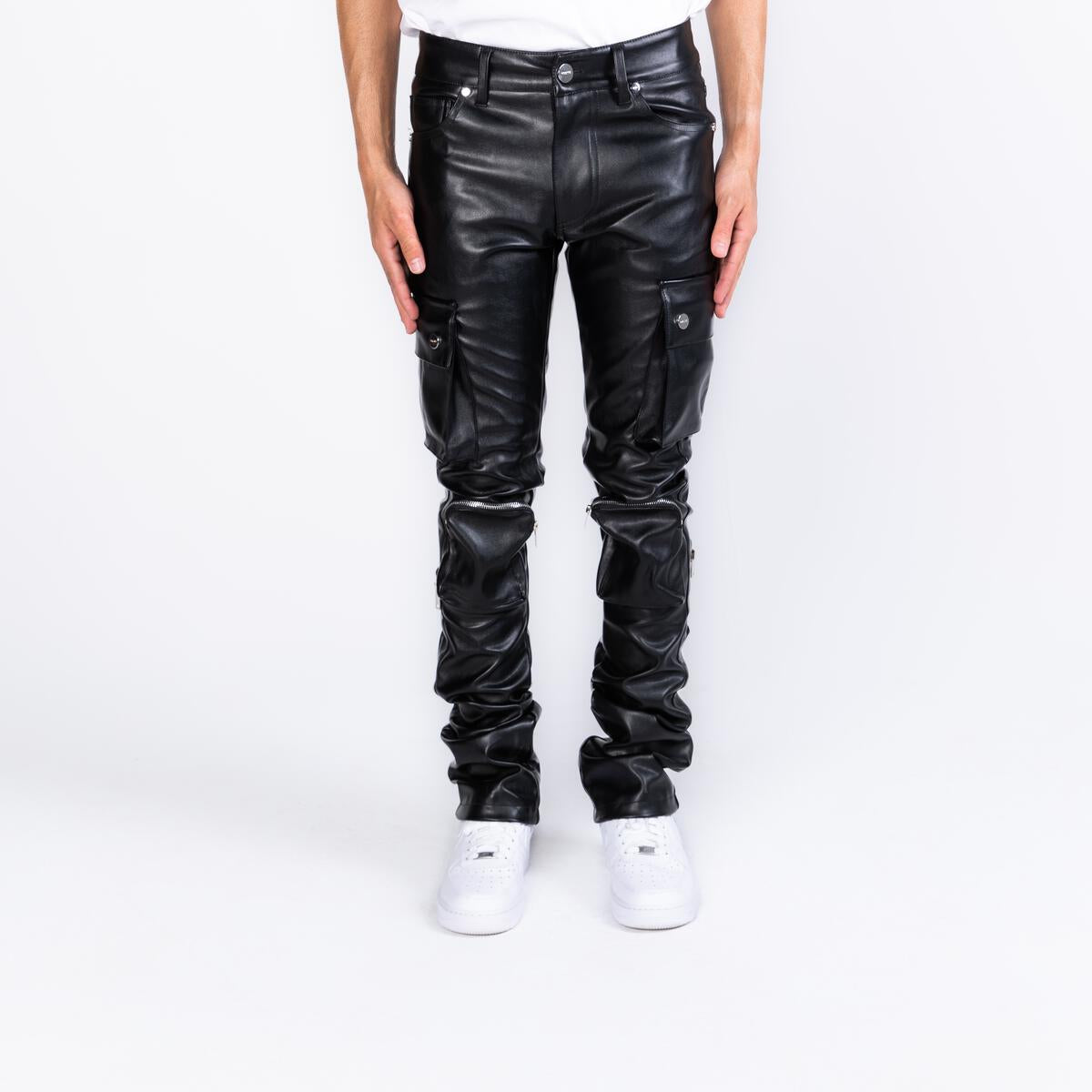"NEVER LOOK BACK" Black CARGO FLARE STACK LEATHER PHEELINGS