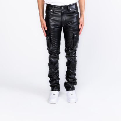 "NEVER LOOK BACK" Black CARGO FLARE STACK LEATHER PHEELINGS