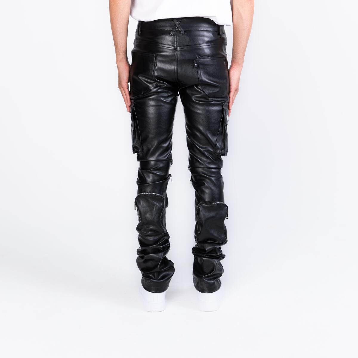 "NEVER LOOK BACK" Black CARGO FLARE STACK LEATHER PHEELINGS