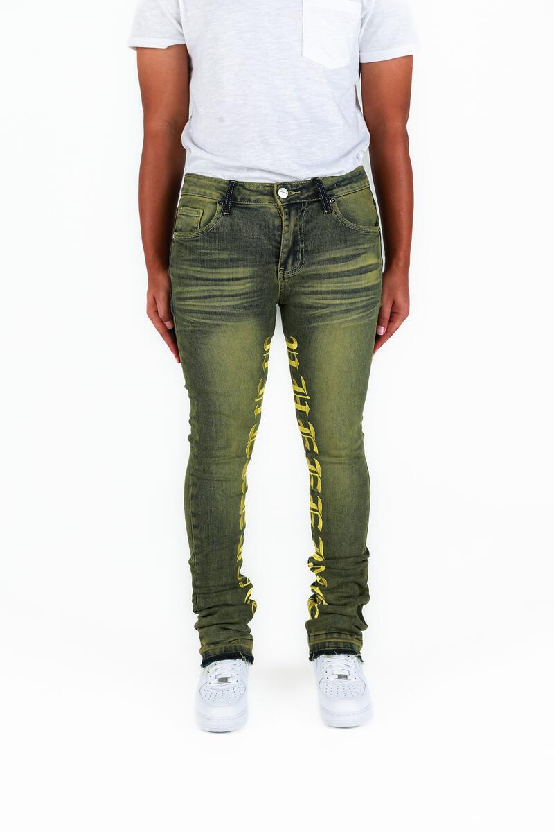 "AGAINST ALL ODDS" Green  Flare Stack Denim