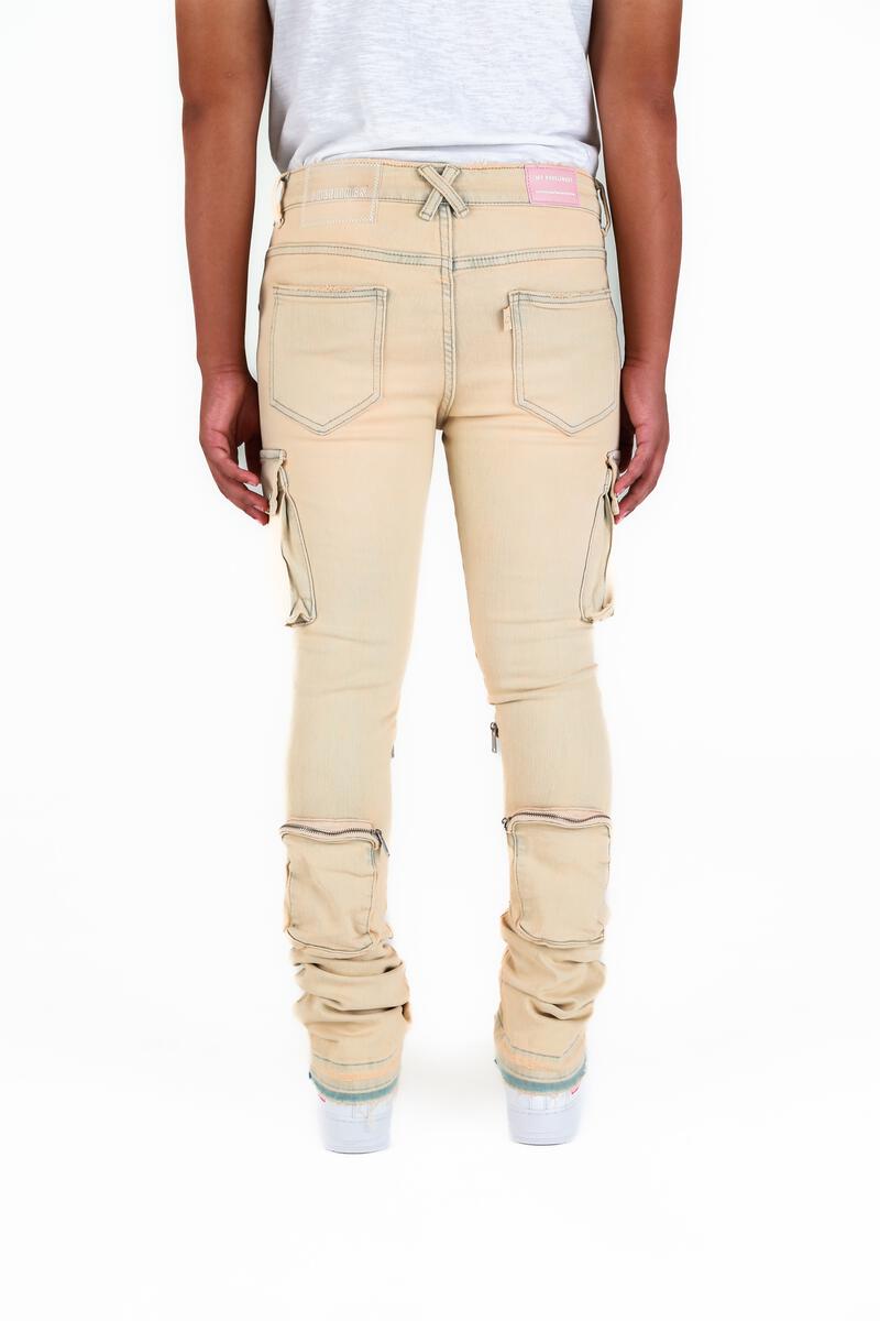 "NEVER LOOK BACK" WALNUT CREAM CARGO FLARE STACK DENIM