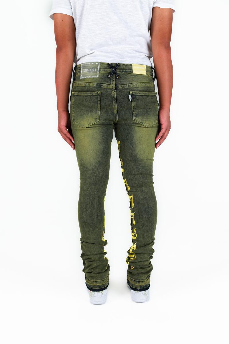 "AGAINST ALL ODDS" Green  Flare Stack Denim