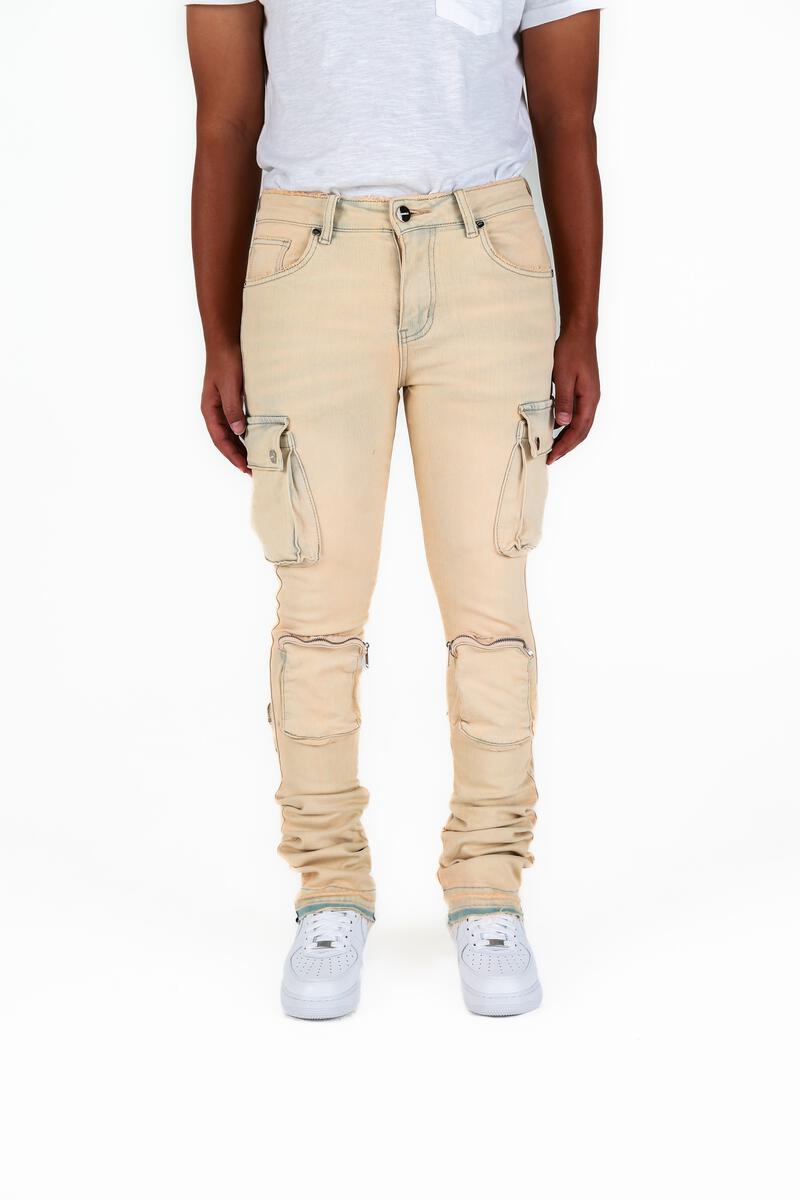 "NEVER LOOK BACK" WALNUT CREAM CARGO FLARE STACK DENIM