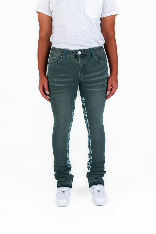"AGAINST ALL ODDS" CHARCOAL BLUE FLARE STACK DENIM