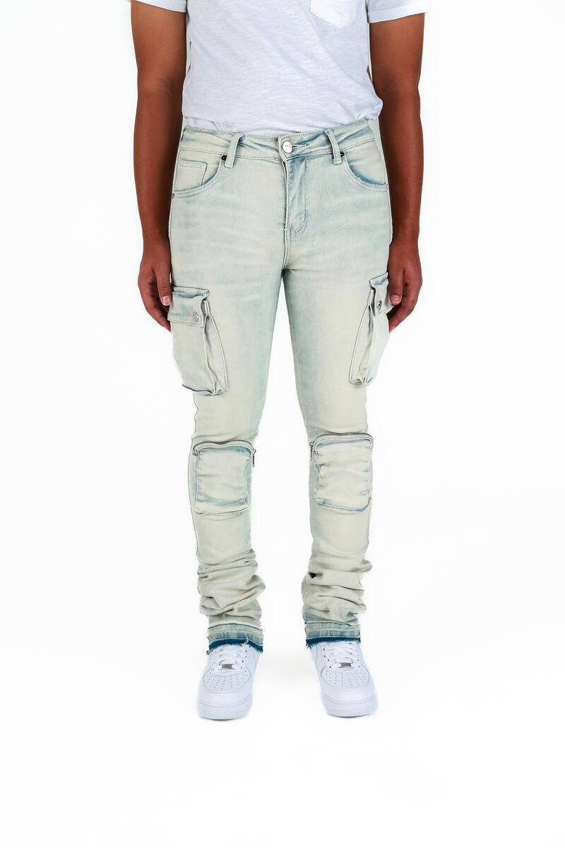 "NEVER LOOK BACK" SAND LIGHT BLUE CARGO FLARE STACK DENIM