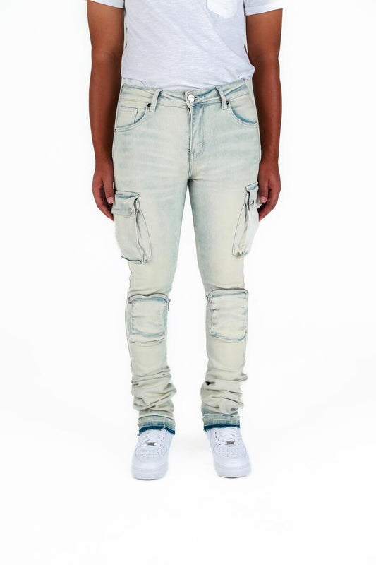 "NEVER LOOK BACK" SAND LIGHT BLUE CARGO FLARE STACK DENIM