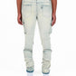 "NEVER LOOK BACK" SAND LIGHT BLUE CARGO FLARE STACK DENIM